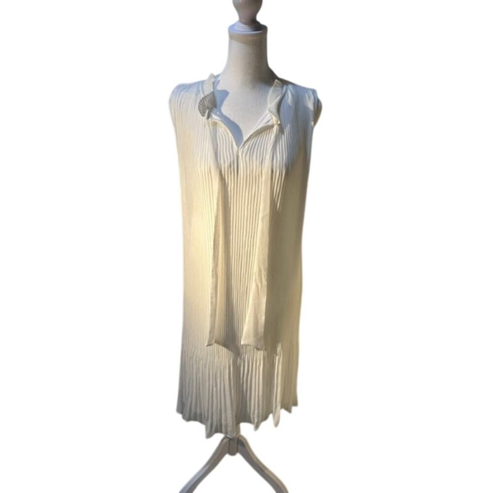 NWT DKNY White Sleeveless Tie‑Neck Ruffle Dress Women’s 12 Flowy Lightweight